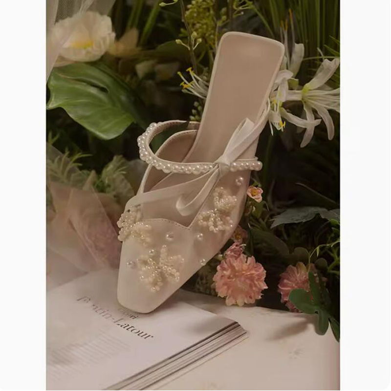 Women'S Shoes Kitten Heels - Pearl beadings bow Side Strap Slipper